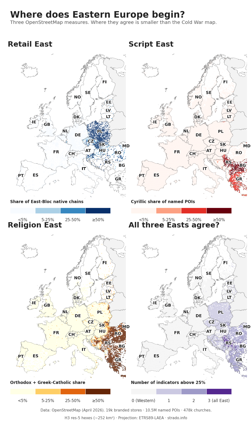 The Cold War lumped Hungary with Bulgaria. Three OpenStreetMap measures disagree.